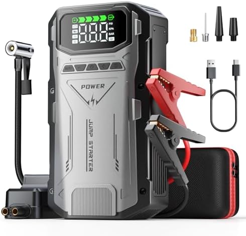 Jump Starter with Air Compressor, 4000A Portable Car Battery Charger Jump Box, 150PSI Tire Inflator and Battery Jumper Pack for 12V Vehicle, Jumper Starter Power Booster, Roadside Emergency Kit