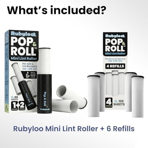 Rubyloo Mini Lint Roller Bundle for Pet Hair Travel Size Roller with Retractable Cover 6 Refill Pack Sticky Dog Cat Hair Remover for Clothes Car Bag Travel Essentials for Pet Owners