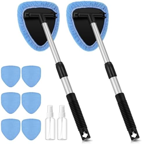 Baderke 10 Pcs Windshield Cleaner Tool Car Window Cleaning Supplies with Extendable Handle Include 6 Washable Microfiber Bonnets 2 Empty 60ml Spray Bottle Glass Wiper Kit(Light Blue)