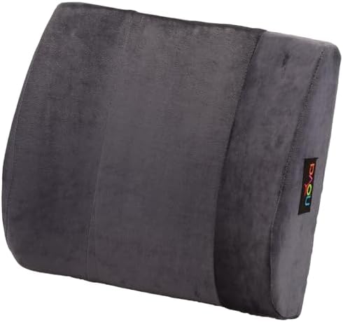 NOVA Lumbar Back Cushion – Contoured High-Density Foam Back Support Pillow for Office Chair, Car, Plane & Wheelchair, Adjustable Strap, Removable Washable Velour Cover, Charcoal Blue (14” x 13”)