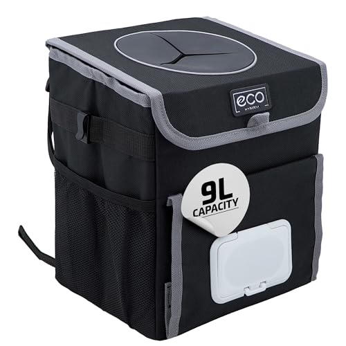 Eco Hygieia Leakproof Car Trash Can - Portable Hanging Car Garbage Can with Adjustable Elastic Strap, Wipes &amp; Tissue Box Holder, Spillproof Opening, Mesh Pockets, Waterproof Lining