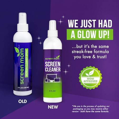 Screen Mom Screen Cleaner Spray 8oz & 2oz for TV, Car, Laptop and Computer | Streak-Free Formula, Alcohol & Ammonia Free, 4 Microfiber Cloths, Cleans TVs Phones Tablets Glass OLED, Residue-Free Cleaning