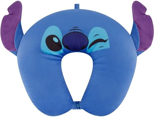 Disney Stitch Neck Pillow, Adult Travel Accessories with 3D Ears for Airplane, Car and Office Comfortable and Breathable, Blue