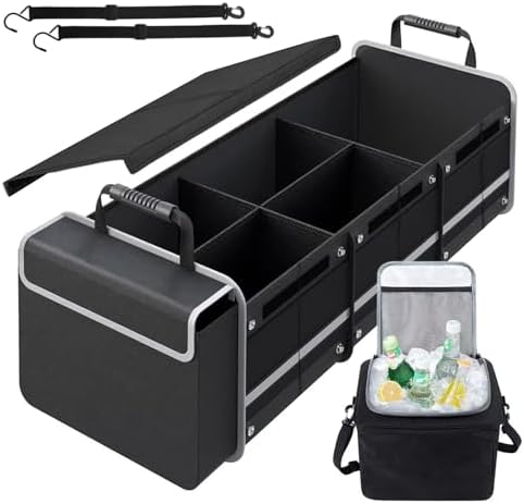 AOPHY Car Trunk Organizer with Insulated Cooler Bag, Foldable & Waterproof Storage Organizer with Lid for SUV, Truck, Sedan - 4 Large Adjustable Compartments, Heavy Duty & Collapsible Design