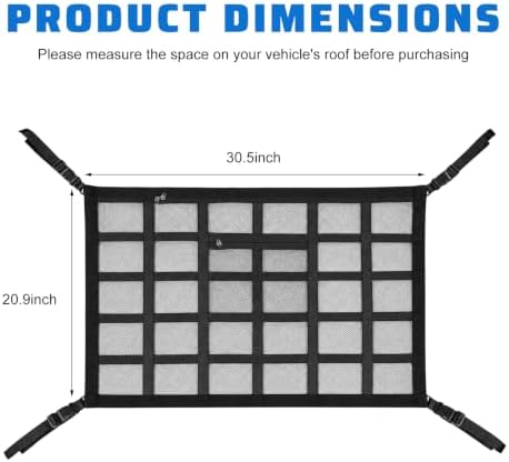 Car Ceiling Cargo Net, 30.5"x20.9" Double Layer Mesh Auto Roof Organizer with Pockets, Universal Vehicle Overhead Mesh Storage Organizer for Camping Road Trip Essentials