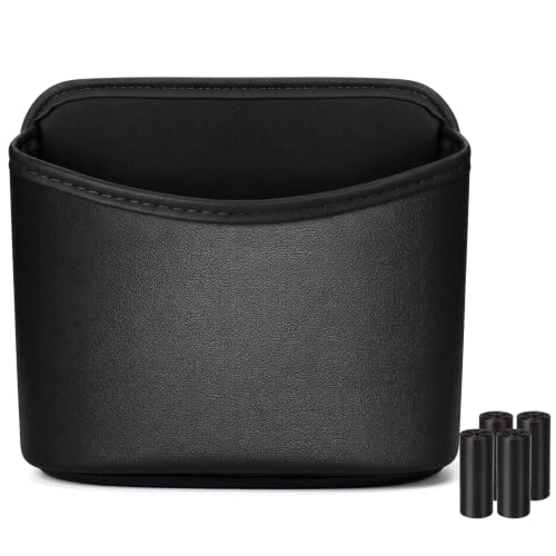 Leather Car Trash Can Hanging Car Garbage Bin with 4 Roll Trash Bag Leakproof Faux Leather Auto Garbage Container Easy Clean Vehicle Waste Basket for Suv, Truck, Sedan, Easy to Install, Black