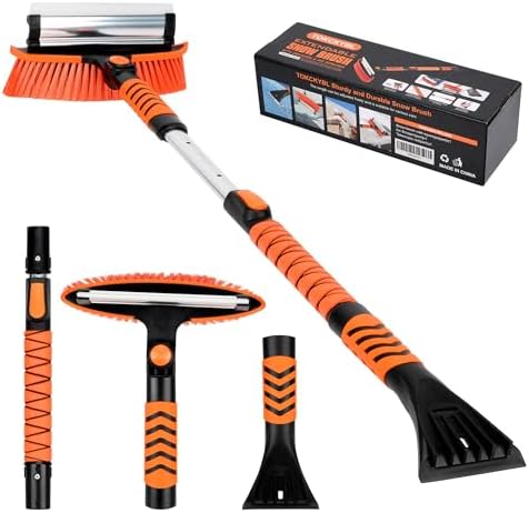 43" Ice Scraper for Car Windshield - 3-in-1 Extendable Snow Brush with 360° Pivot Head, Squeegee & Ergonomic Foam Grip for Christmas Car, SUV, Truck, Auto (Black/Orange)