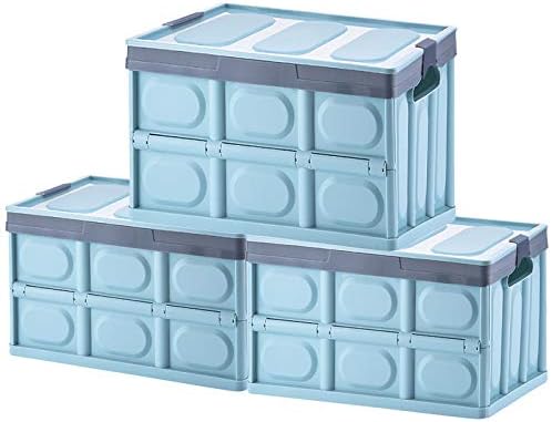 Phyllia Foldable Storage Boxes with Lidsz, 3 Pack Collapsible Plastic Storage Bins Organizer Containers Baskets Cub with Cover,Stackable Utility Crates Storage Box (Blue, 30L)