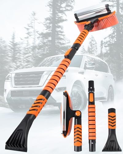 Ice Scrapers for Car Windshield, 43'' Three Stage Extendable Aluminum Alloy Car Snow Scraper and Brush, 180° Pivoting Snow Brush and Ice Scraper for Car, Truck, SUV