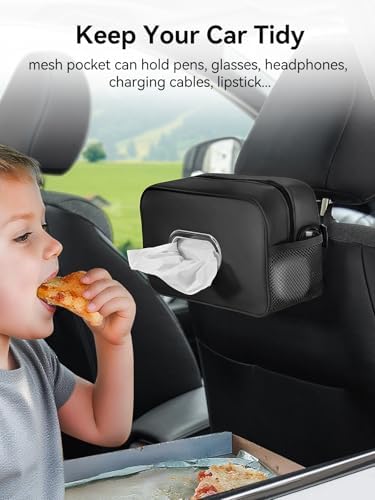 Multi-Functional Car Tissue Holder with ‌2 Storage Nets, Upgraded PU Leather Tissue Box Cover, Large Rectangle Napkin Organizer Fit for 100-160 Regular Size Tissues, Keep Car Tidy, Black