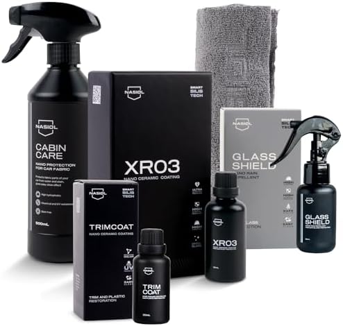 Nasiol Car Nano Protection Package Professional - Advantage Set - Car Care Set (Rain Repellent, Ceramic Coating, Plastic Surface Protection, Fabric Surface Protection, Microfiber Cloth)