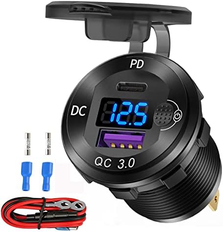 12V USB C Aluminum Car Charger Socket, 12 Volt Outlet, PD 20W and Quick Charge 3.0 18W Car USB Port Waterproof with Voltmeter & Power Switch, Suitable for Marine Truck Motorcycle Boat Golf cart RV
