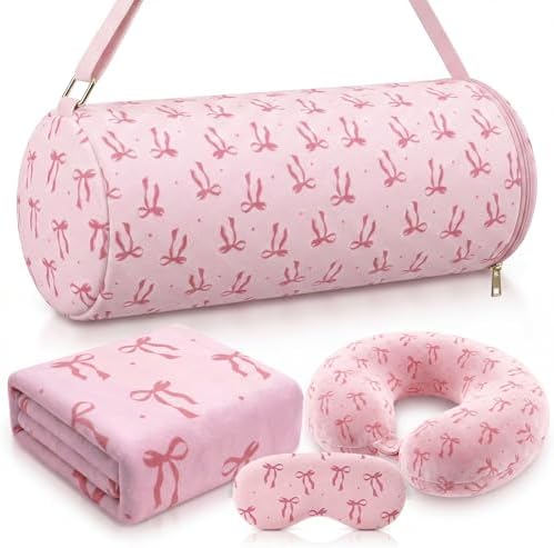 Moukeren 4 Pcs Pink Bow Travel Pillow and Blanket Set Memory Foam Neck Pillow Flannel Blanket Eye Mask Pink Bow Storage Bag for Airplane Essentials Car Train Travel for Girls Women Sleeping