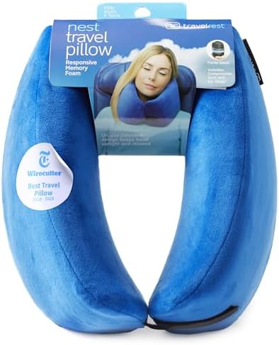 TRAVELREST Sleep Neck Pillow Travel - Travel Essentials, Memory Foam, Neck Support Pillow for Long Flight, Plane Sleeping Accessories, Anti-Slip and Comfortable, Washable, Attaches to Luggage - Blue