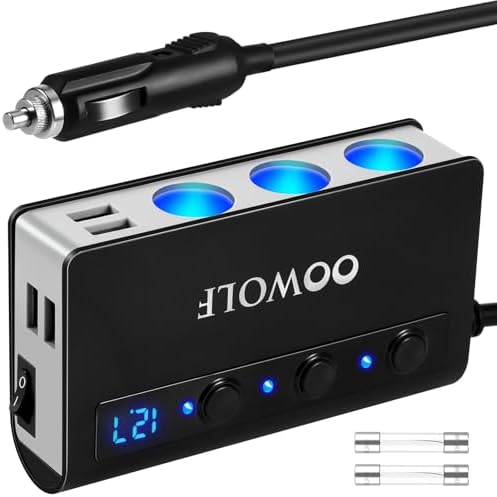 OOWOLF 7 in 1 Cigarette Lighter Splitter, 180W Quick Charge 3.0 12V/24V 3-Socket Car Charger Adapter, 4 USB Ports Car Power Adapter Car Splitter, Independent Switches, LED Voltmeter, 2.3FT Cable