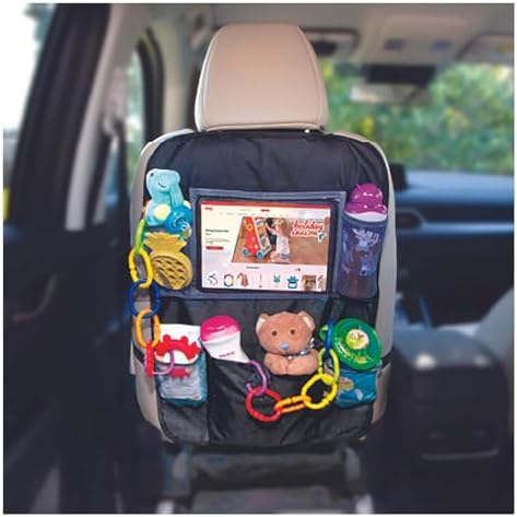 Nuby Backseat Car Organizer Set: Organizer with Tablet Holder, Storage Pockets and 5 Linkable Hooks for Attaching Accessories | Easy to Clean Black (Pack of 2)
