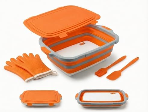 Collapsible BBQ Prep Tub with Lid & Cutting Board 16L - XL Meat Marinating Basin & Grill Carry System - 5pc Set with Heat Resistant Gloves, Basting Brush & Spatula(Orange, Large, 16L)