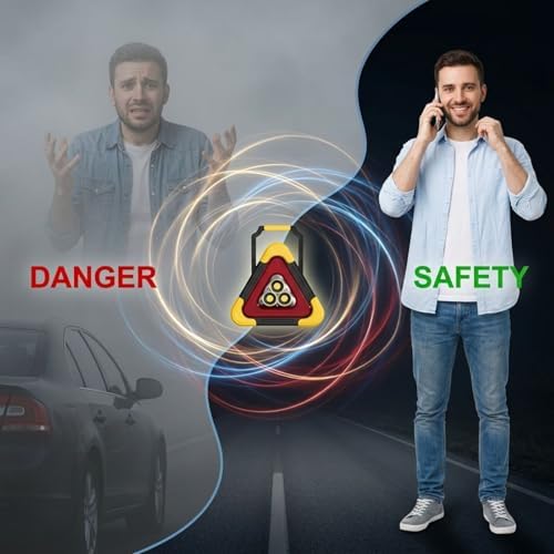 Multi Function Large LED Triangle Warning Light, USB and Solar Rechargeable Emergency Lamp, SOS Mode, 3 Bulb Roadside Flare, Stable Stand for Vehicle Safety, 10.6 x 9.4 in / 270 x 240 mm