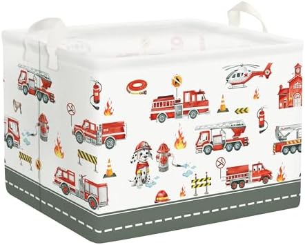 Clastyle Rectangle Large Red Fire Car Boy Gift Basket Collapsible Spotted Dog Engine Book Shelf Basket Toy Clothes Cube Storage Basket for Kids Room Nursery