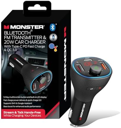 Monster Bluetooth FM Transmitter for Car Cigarette Lighter with 20W QC3.0 USB A & USB C PD Charger, Bass Boost Button, Flash Drive Port, Google Voice & Siri Compatible, Hands-Free Calls, Microphone