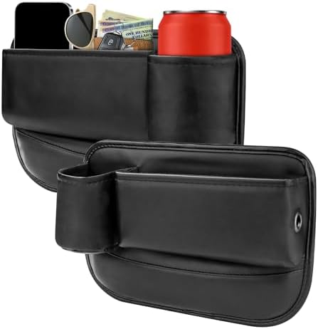 2PCS Black Leather Seat Gap Filler Organizer, Front Seat Gap Storage Box with Cup Holder and Charging Hole, Car Organizer for Phone, Keys, Sunglasses and Drink, Universal Fit Left and Right Side
