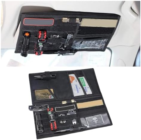 Tactical Molle Car Sun Visor Organizer, Large Molle Visor Panel Storage Pouch Holder, Tactical Gear Truck Storage Shelf, 600D Car Sunshade Storage Bag for Large Vehicle (Black)