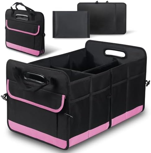 Car Trunk Organizer, 72L Large Capacity Waterproof Auto Storage Organizer with Non-Slip Bottom Strips, Collapsible Cargo Organizer for Suv, Truck, Sedan, Portable Car Accessories for Women Men(Pink)