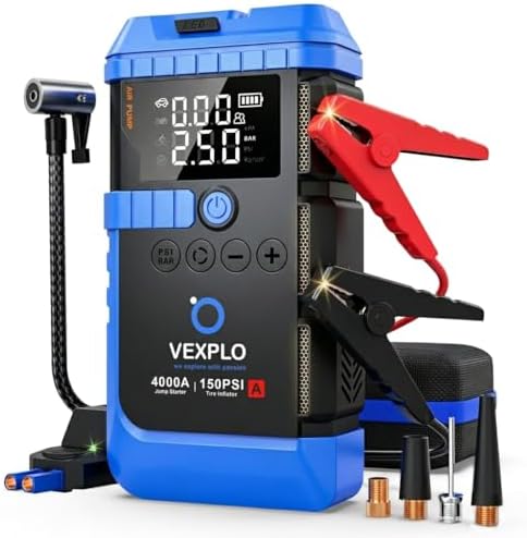 VEXPLO Jump Starter with Tire Inflator Portable Roadside Emergency Car Kit | 4000A Car Battery Jumper Start (9.0Gas/8LDiesel) 150PSI Auto-Off Tire Inflator 45W Fast Charger 8-in-1 Emergency Roadside Kit