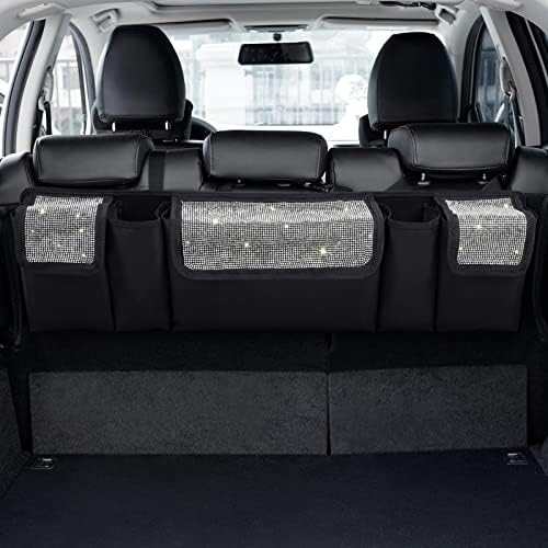 eing Car Trunk Organizer and Storage, Backseat Hanging Organizer for SUV, Truck, MPV, Waterproof, Collapsible Cargo Storage Bag with 5 Pockets, Bling Car Interior Accessories for Women,White
