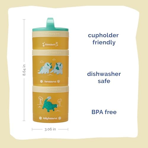 Whiskware Dinosaur Stackable Snack Containers for Babies, Kids, and Toddlers, 3 Stackable Snack Cups for School or Travel, Cupholder Friendly, Blue/Yellow
