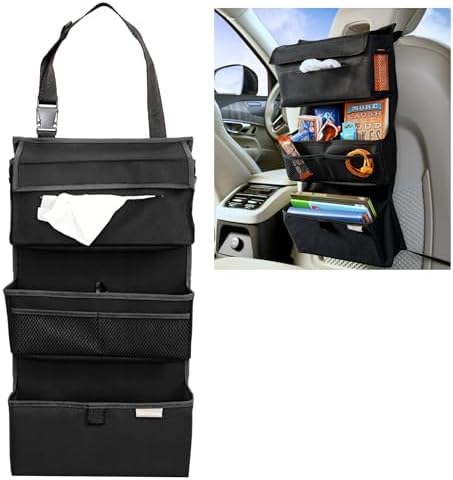 High Road Storage Organizer with Car Tissue Box Holder and Multipurpose Pockets - Back of the Seat or Front Seat Organizer for Driving Essentials - Slim and Compact Car Storage for All Vehicles