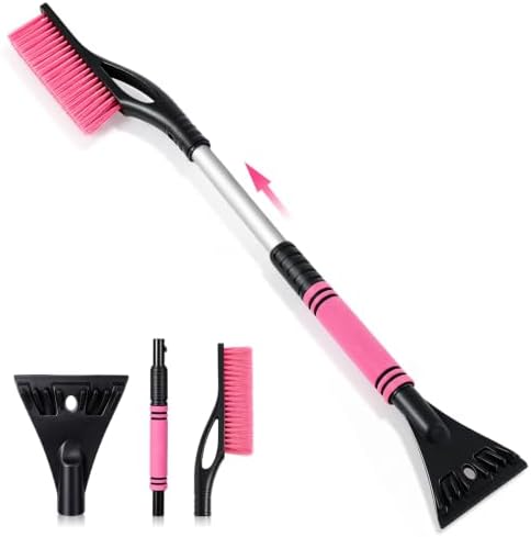32'' Extendable Snow Brush and Ice Scraper for Car Windshield, Pink 2 in 1 Detachable Snow Scraper with Soft Grip Handle Additional Handhold, Multi-functional Removal Tool for Car, Truck, SUV