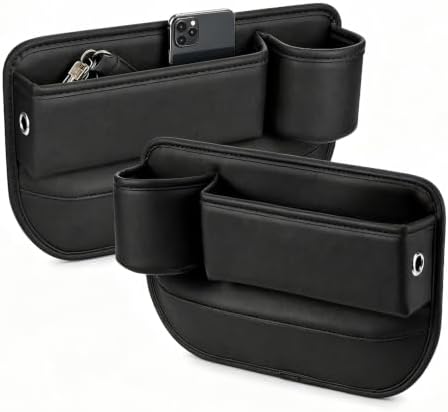 2 Pack Leather Car Seat Gap Organizer Filler with Cup Holder | PVC Leather Seat Gap Filler, Universal Front Seat Storage Box for Cell Phones, Wallets, Keys, Cards, Interior Accessories