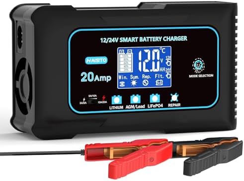 Haisito 20-Amp Smart Battery Charger (Lithium LiFePO4 & Lead-Acid), 12V/24V Rapid Automotive Car Charger with Temperature Compensation - Trickle Maintainer for Boat, Truck, RV, Lawn Mower, Marine