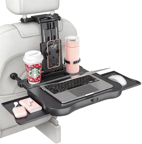 Car Back Seat Tray with Extendable Table, Car Travel Desk for Laptop with Phone Holder, Foldable Trays for Eating & Working, Car Travel Tray Table for Rear Passenger