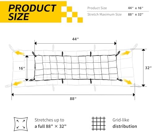 MaxxHaul Heavy-Duty Cargo Net – 44" x 16" Stretches to 88" x 32" – Tight 4" Mesh with 8 PP Hooks – Truck & SUV Bed Net, Trailer & Roof Rack Cargo Accessory