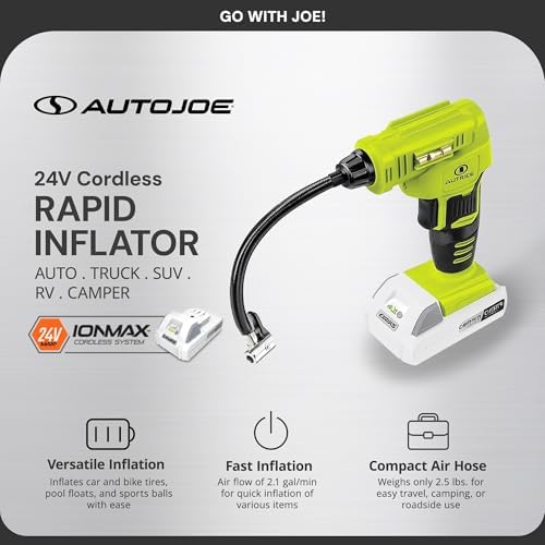 Auto Joe 24V-AJC-MAX 24V IONMAX Cordless Rapid Air Inflator, Portable Air Compressor, Includes 1.3Ah Battery, Charger, Air Chuck, Tapered Adapter, Presta Valve Adapter, and Ball Needle