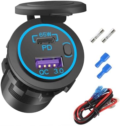 Boostable 12V USB C Outlet 65W PD3.0 Port and 18W Quick Charge 3.0 Car USB Charger Socket for Laptops Tablets Phones, Waterproof 12V/24V Socket with Power Switch for Car Marine Boat Motorcycle RV