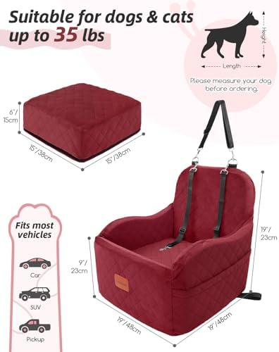Lealchum Dog Car Seat for Small/Medium Dogs,6in Elevated Cushion,Fits in Front/Back Seat,Fully Detachable and Washable,2 Storage Pockets,Easy to Install (Red, Medium)