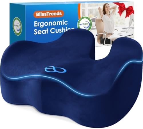BlissTrends Extra Thick Seat Cushion for Office Chair & Car Seat, Blue | Tailbone & Sciatica Relief, Ergonomic Support, High-Density Memory Foam, Comfort for Extended Sitting
