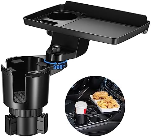 This Hill Cup Holder Tray for Car, 2 in 1 Detachable Car Food Table Tray with Solid Base & Phone Slot,Car Cup Holder Expander with 360°Rotation Tray for Travel Road Essentials