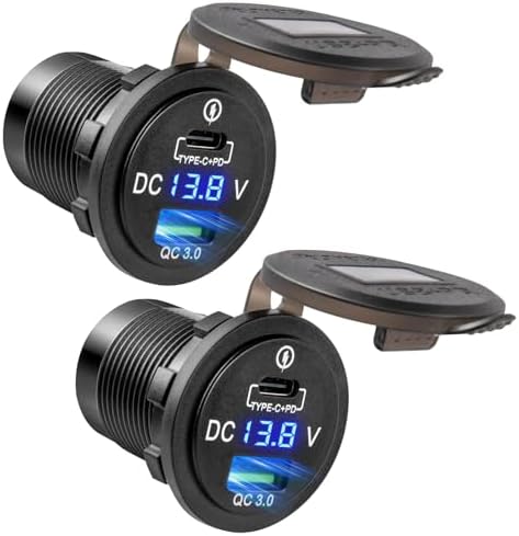 Anina 2PCS Car Charger Socket, 18W USB A + 36W PD USB C, 12V/24V Waterproof Dual Port Charger with Voltmeter & Reverse Protection for Car Truck RV Boat Marine Motorcycle