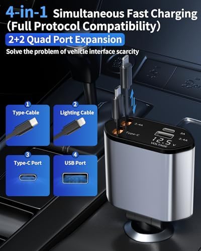 Retractable Car Charger, 4 in 1 Fast Charging Car Charger