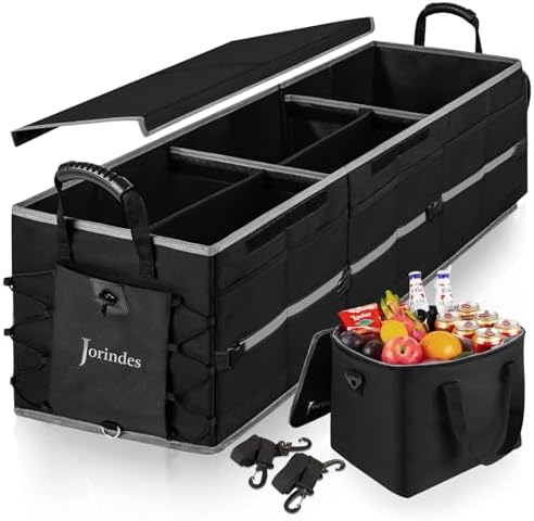 Collapsible Trunk Organizer for Car with Insulated Leak proof Cooler Bag, 3 Compartments SUV Cargo Organizer Removable Dividers, 5 in1 Car Storage Organizer with Foldable Lid,2 Tie-Down Straps(Black)