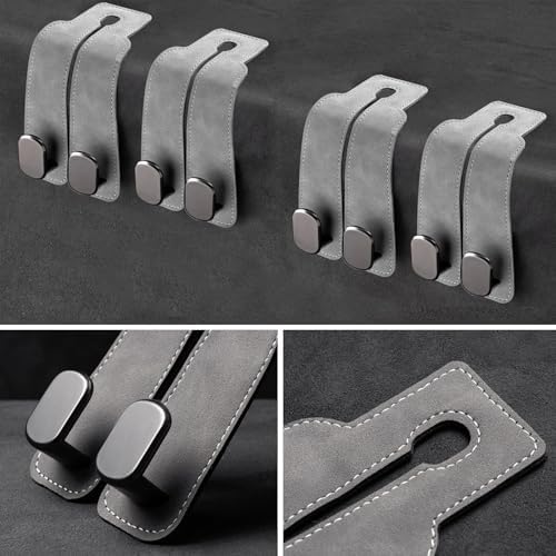 Headrest Hooks - Car Seat Back Double Hook Leather, Purses Hooks (4-Grey)