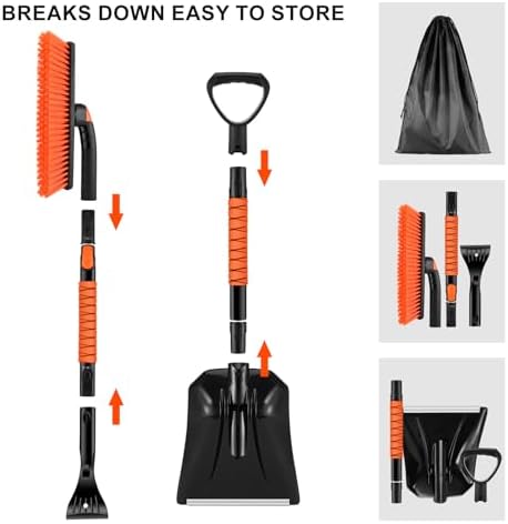Odoland Ice Scraper with Snow Brush and Snow Shovel, 35" Extendable Snow Remover with Foam Grip, 360° Pivoting Brush Head for Car Windshield, Emergency Snow Scraper for SUV Truck Vehicle, Orange