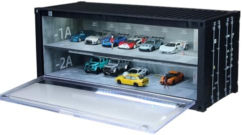 1/64 Scale Display Case with LED Light–Container Box Style Garage Diorama | Compatible with Hot Wheels Matchbox Mini GT Diecast Cars and Storage Stackable, for Model Car and Figures Display