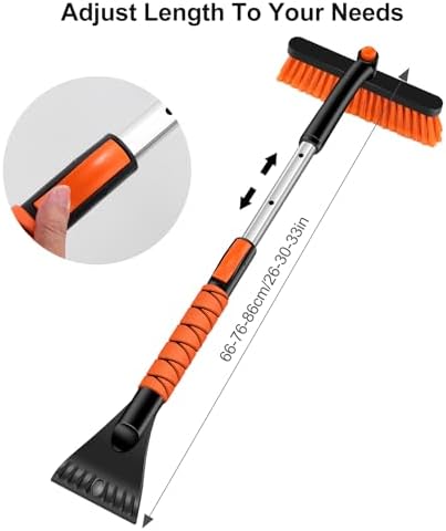 Odoland 33" Extendable Snow Brush with Detachable Ice Scraper for Car Windshield with Foam Grip and 360° Pivoting Brush Head for Christmas Car Auto Truck SUV, Orange