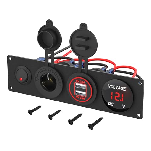 RVMARINEPAT 4 in 1 12V USB Panel with LED Voltmete & Dual USB Charger Socket Power & Cigarette Lighter Socket & Red LED Lighted Toggle Switch Panel for Boat Car RV Golf Cart ATV