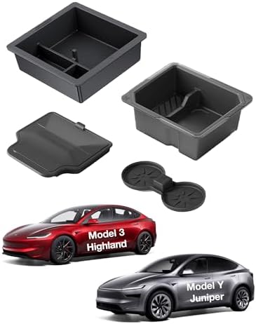 Center Console Organizer for Tesla Model Y Juniper Premium & Performance 2025 2026 and All Model 3 Highland Accessories [Double-Layer Storage, Smooth Sliding] Cup Holder Armrest Hidden Storage Box